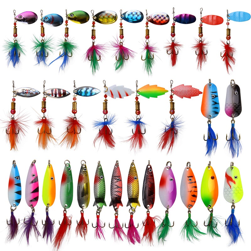 SILANON Rooster Bait Tail Spinner Fishing Lures Kit,30pcs Metal Spoon Lures with Feathered Treble Hooks for Bass Walleye Trout Freshwater Saltwater - Image 1